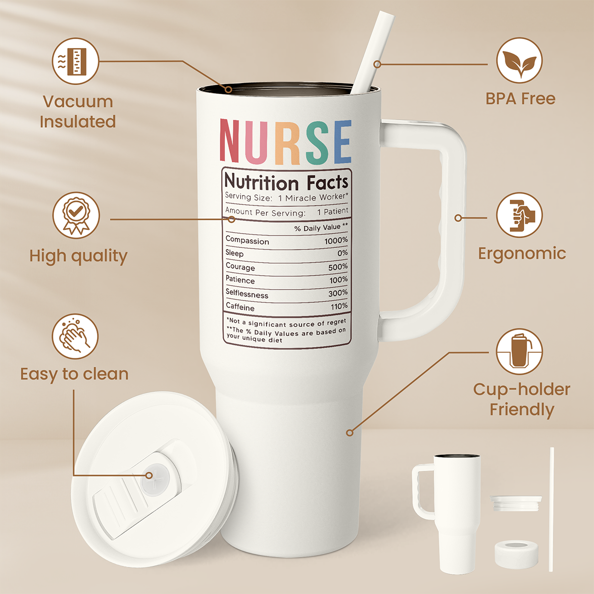 White nurse 40oz tumbler with handle, lid straw, “NURSE” nutrition facts panel, vacuum insulated.