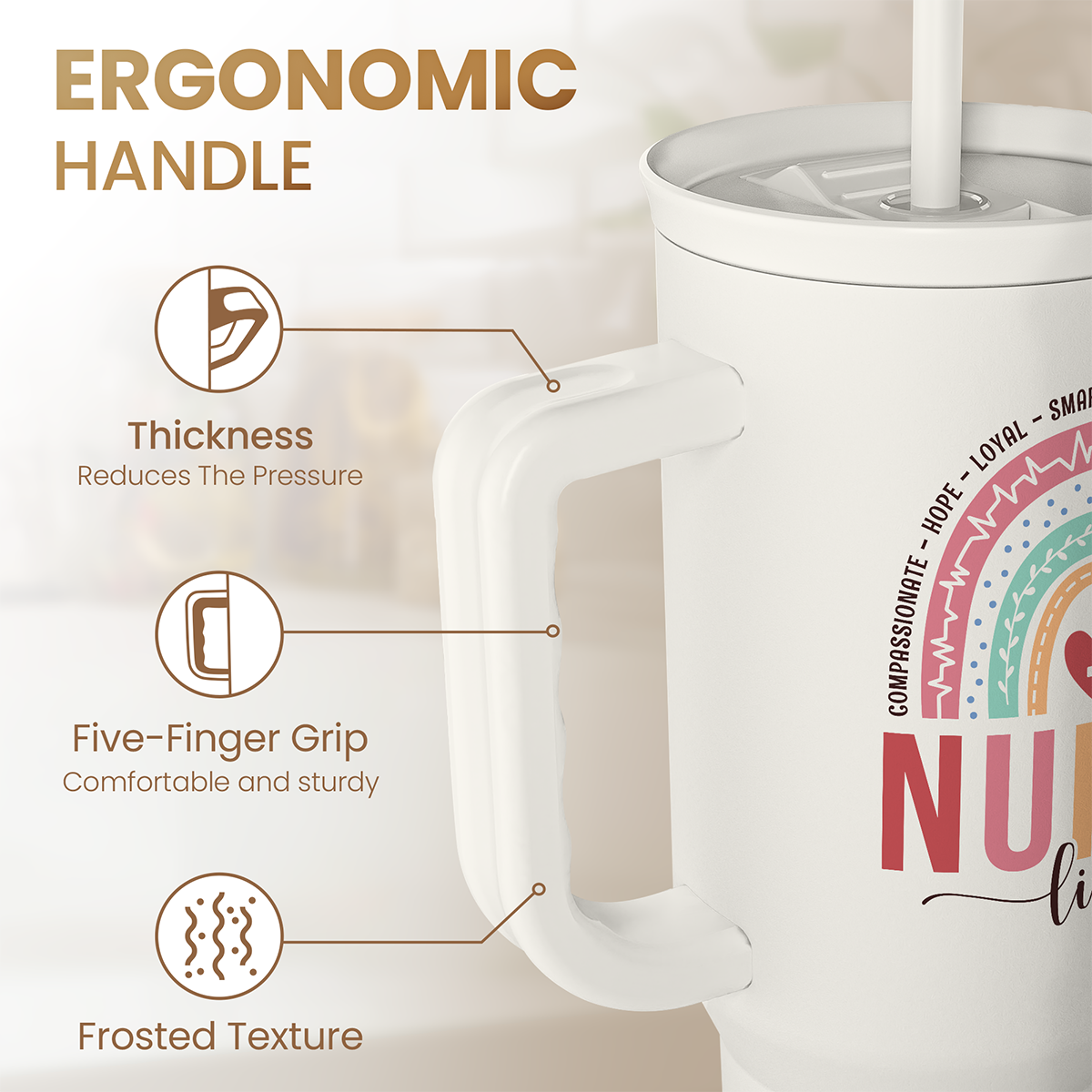 White nurse 40oz tumbler showing ergonomic handle contours and gripped side design.