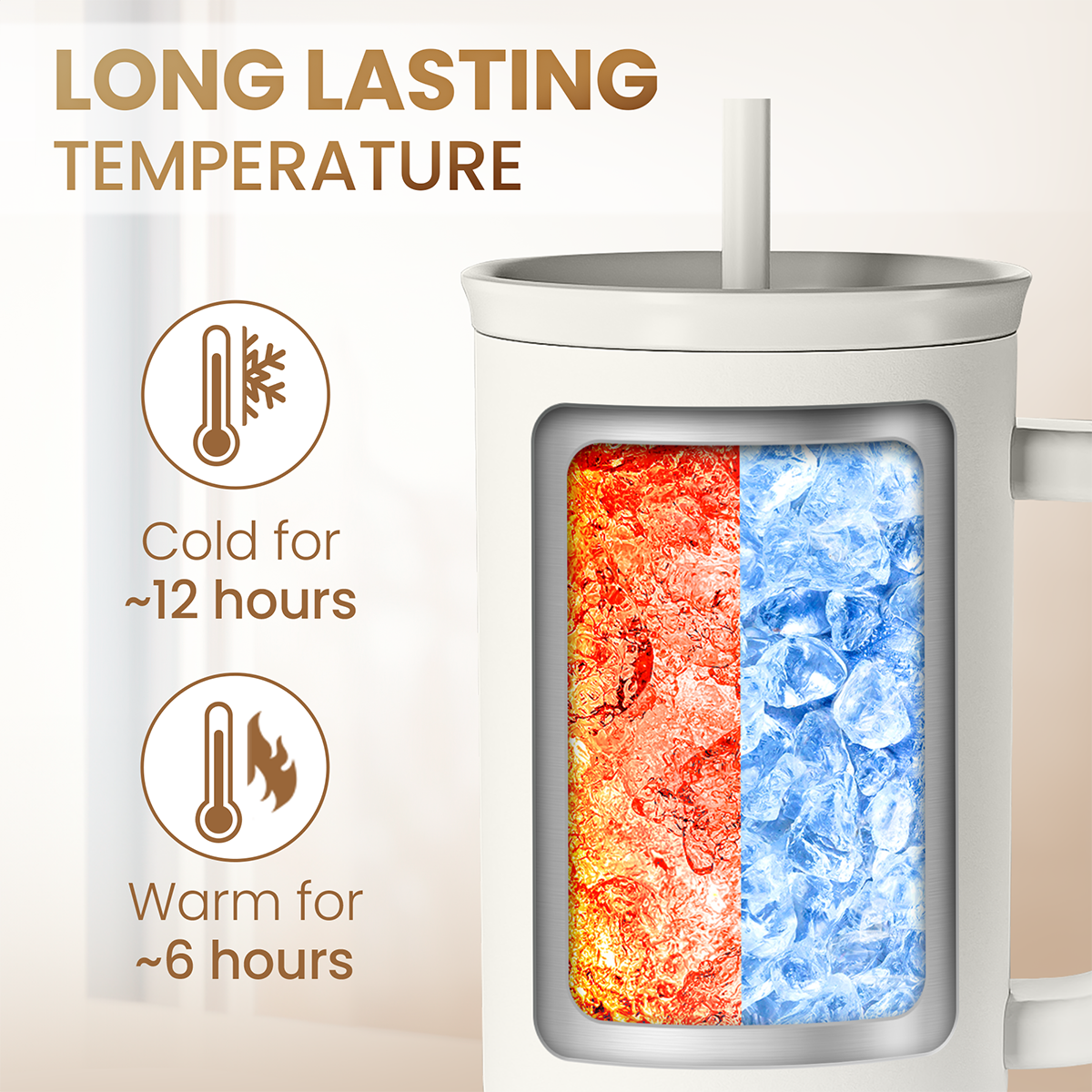 White insulated nurse tumbler with handle and lid straw; see double-wall temperature view.