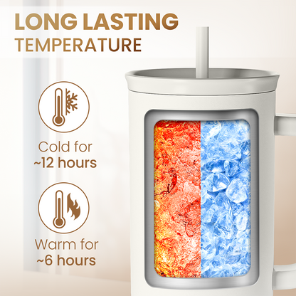 White insulated nurse tumbler with handle and lid straw; see double-wall temperature view.