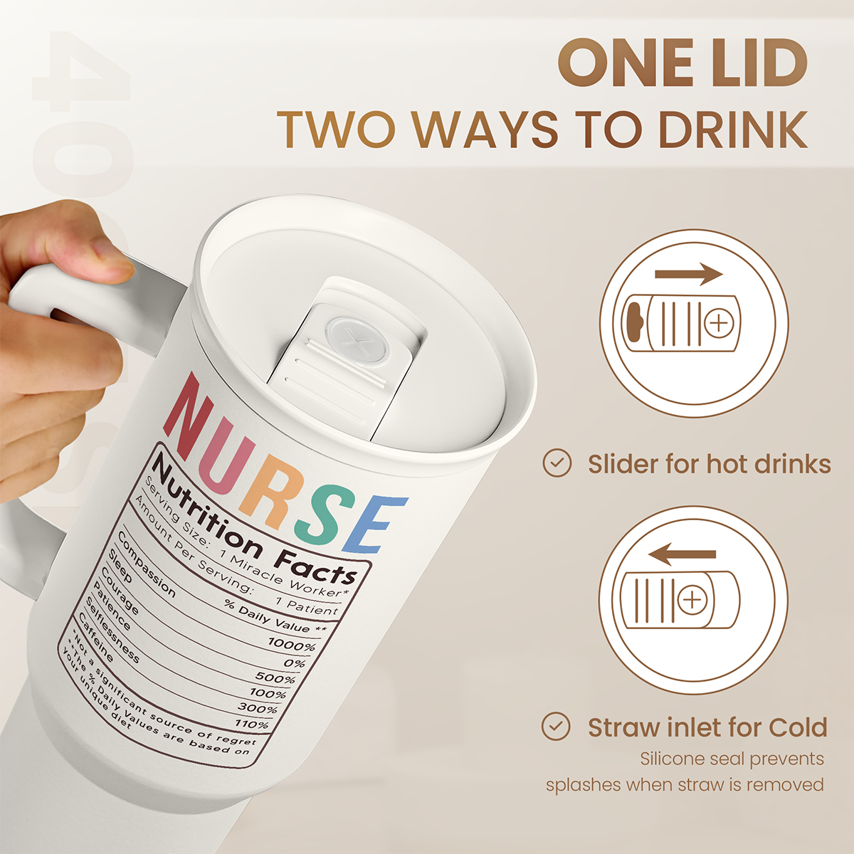 White 40oz nurse tumbler with two drink openings, slider for hot and straw inlet for cold.
