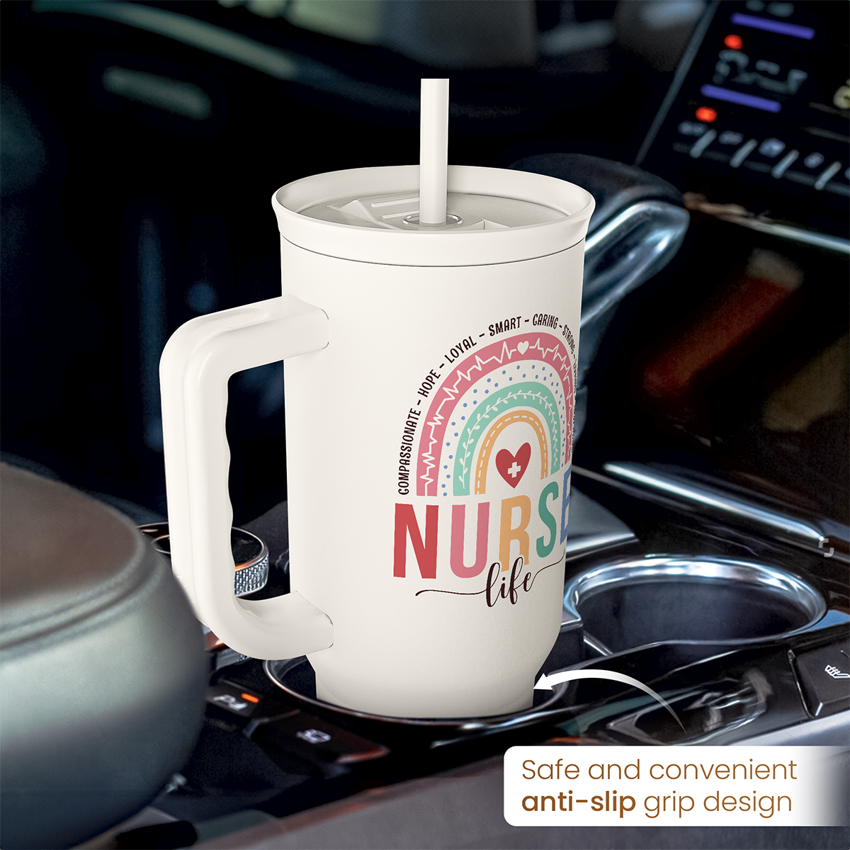 White nurse-themed tumbler on stovetop; handle grip and anti-slip grip design on base.