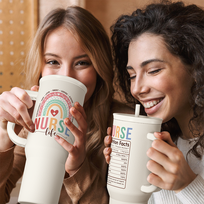White nurse 40oz tumblers held by two people; lid straw and nutrition facts label visible.