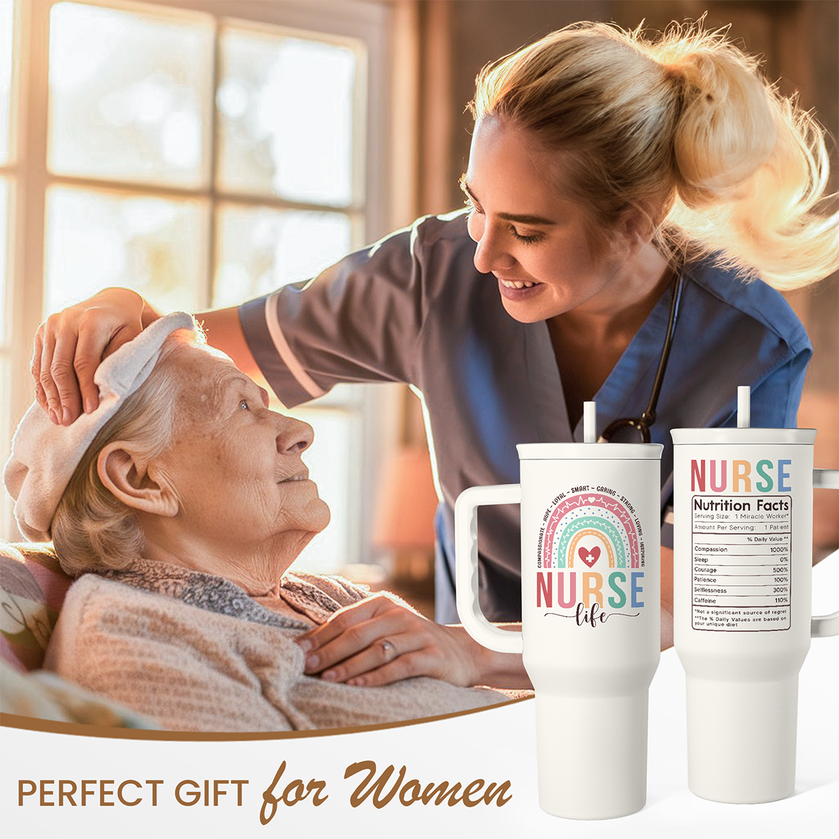 White nurse 40oz tumbler gift set with handle and straw lid, “NURSE life” design visible.