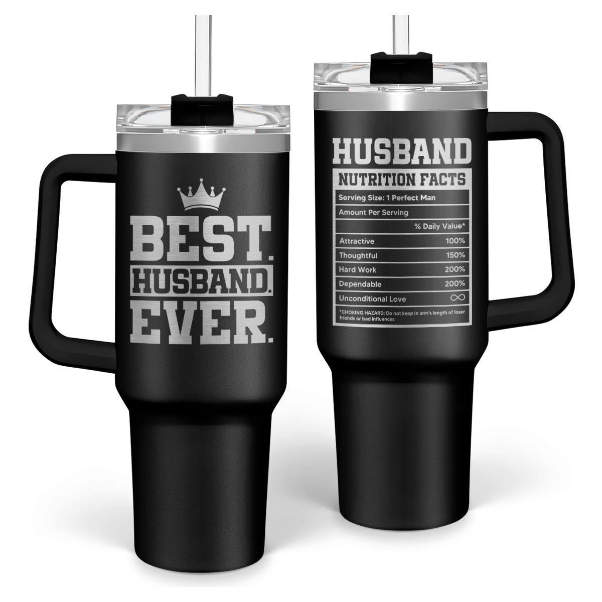Black 40oz insulated tumbler with handle, lid, and front slogan design