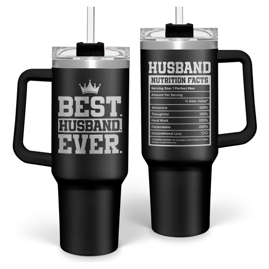 Black 40oz insulated tumbler with handle, lid, and front slogan design