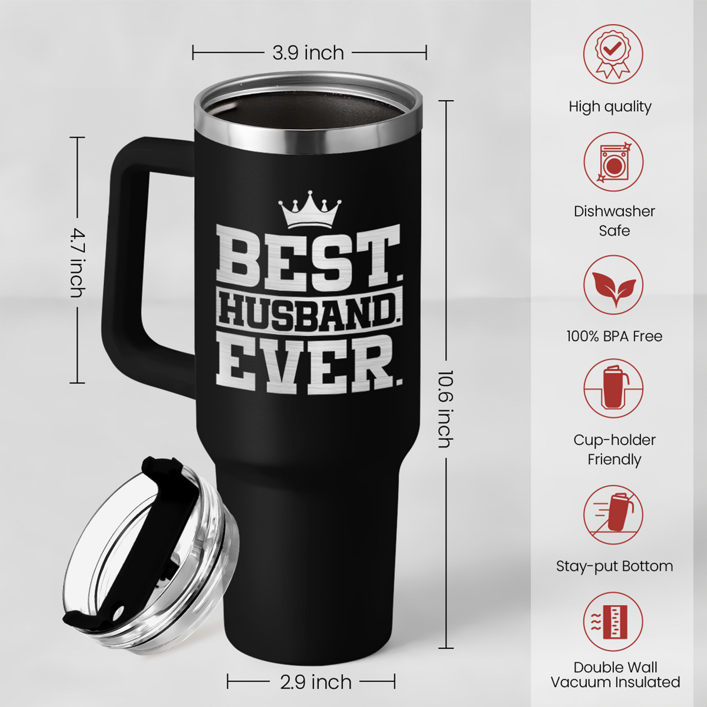 Black 40oz tumbler with handle and lid, 'Best Husband Ever' front design