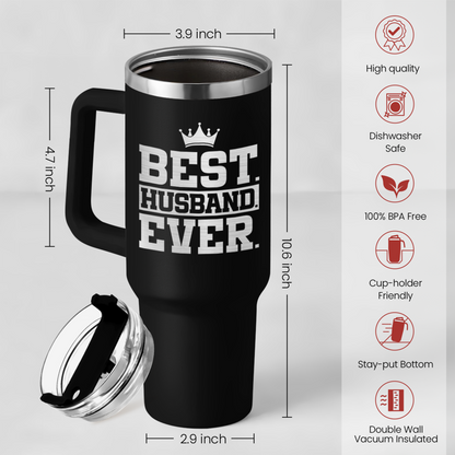 Black 40oz tumbler with handle and lid, 'Best Husband Ever' front design