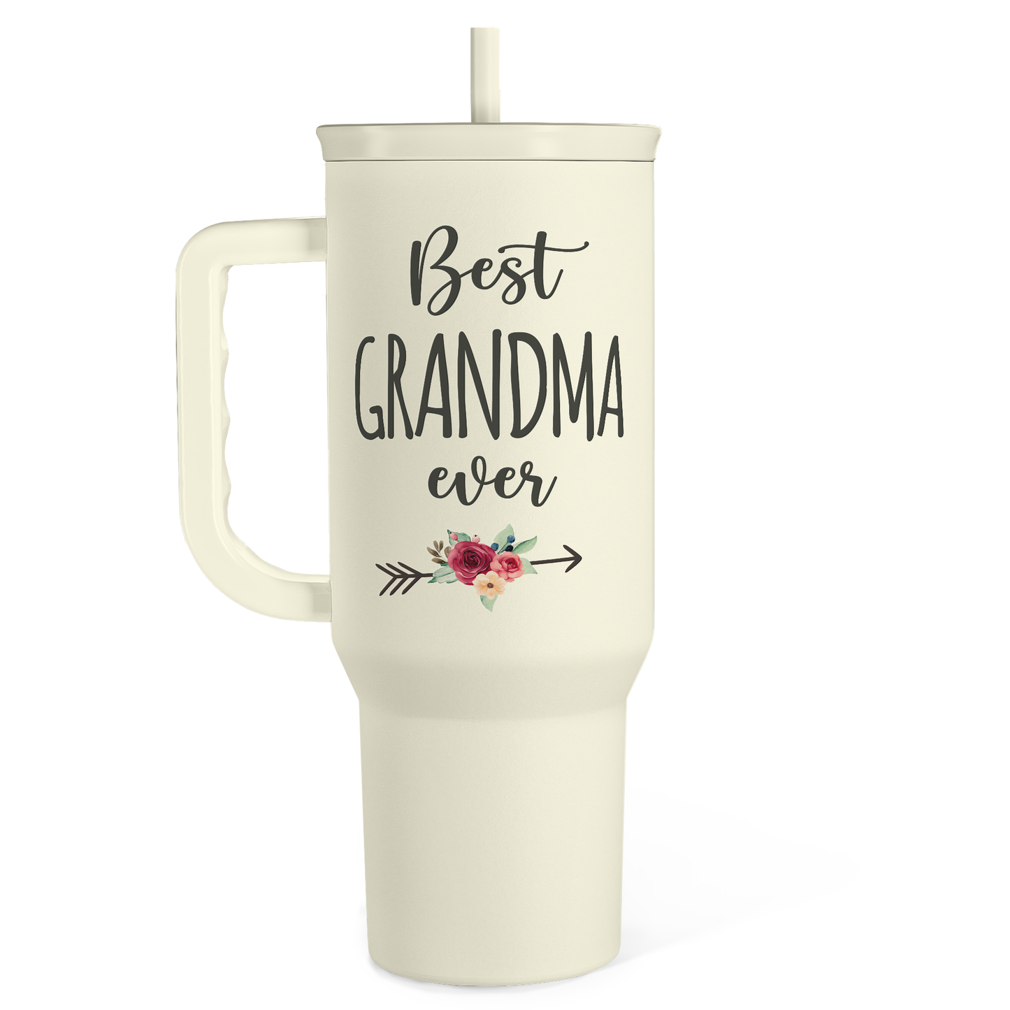 Cream 40oz tumbler with handle and straw, “Best Grandma ever” graphic and flowers