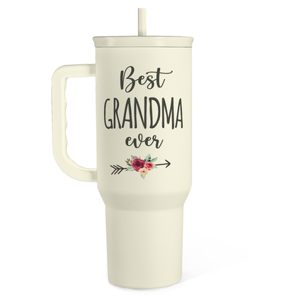 Cream 40oz tumbler with handle and straw, “Best Grandma ever” graphic and flowers