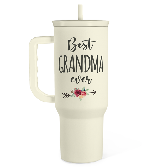 Cream 40oz tumbler with handle and straw, “Best Grandma ever” graphic and flowers