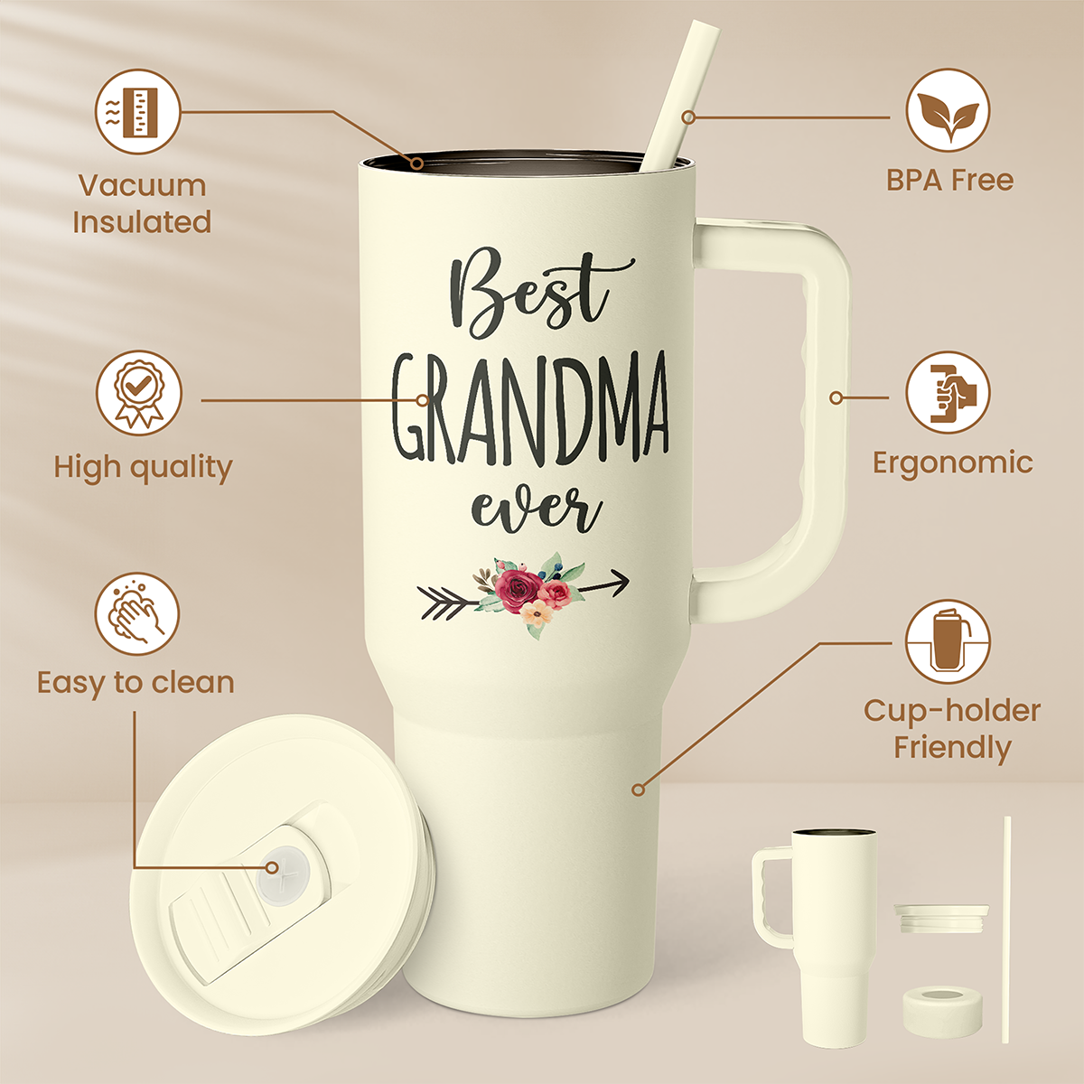 Cream 40oz slider tumbler with straw and handle, “Best Grandma ever” design