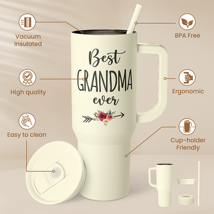 Cream 40oz slider tumbler with straw and handle, “Best Grandma ever” design