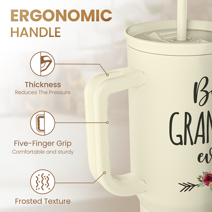 Cream tumbler with ergonomic handle detail, “Best Grandma ever” print, straw lid