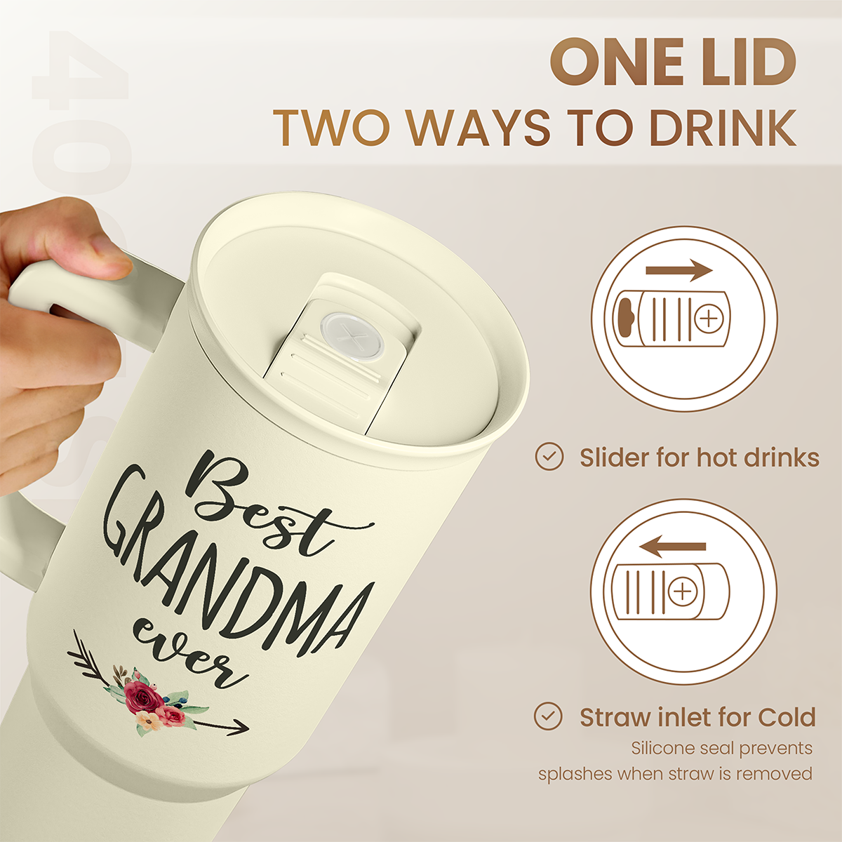 Cream 40oz tumbler with slider lid and straw inlet, “Best Grandma ever” print