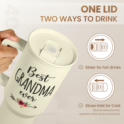 Cream 40oz tumbler with slider lid and straw inlet, “Best Grandma ever” print
