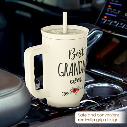 Cream 40oz tumbler with handle and straw, “Best Grandma ever” print, non-slip base