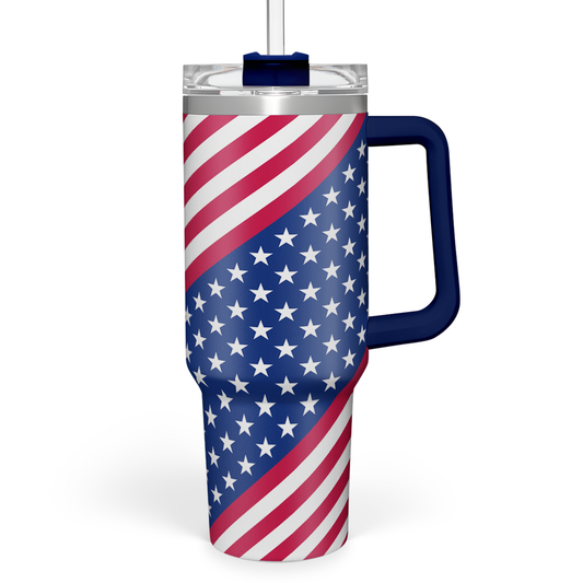 American flag 40oz tumbler with blue handle and clear lid