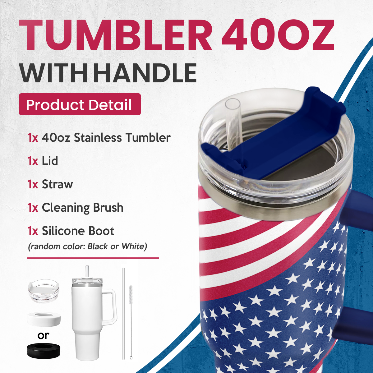 American flag 40oz tumbler with blue handle and open clear lid