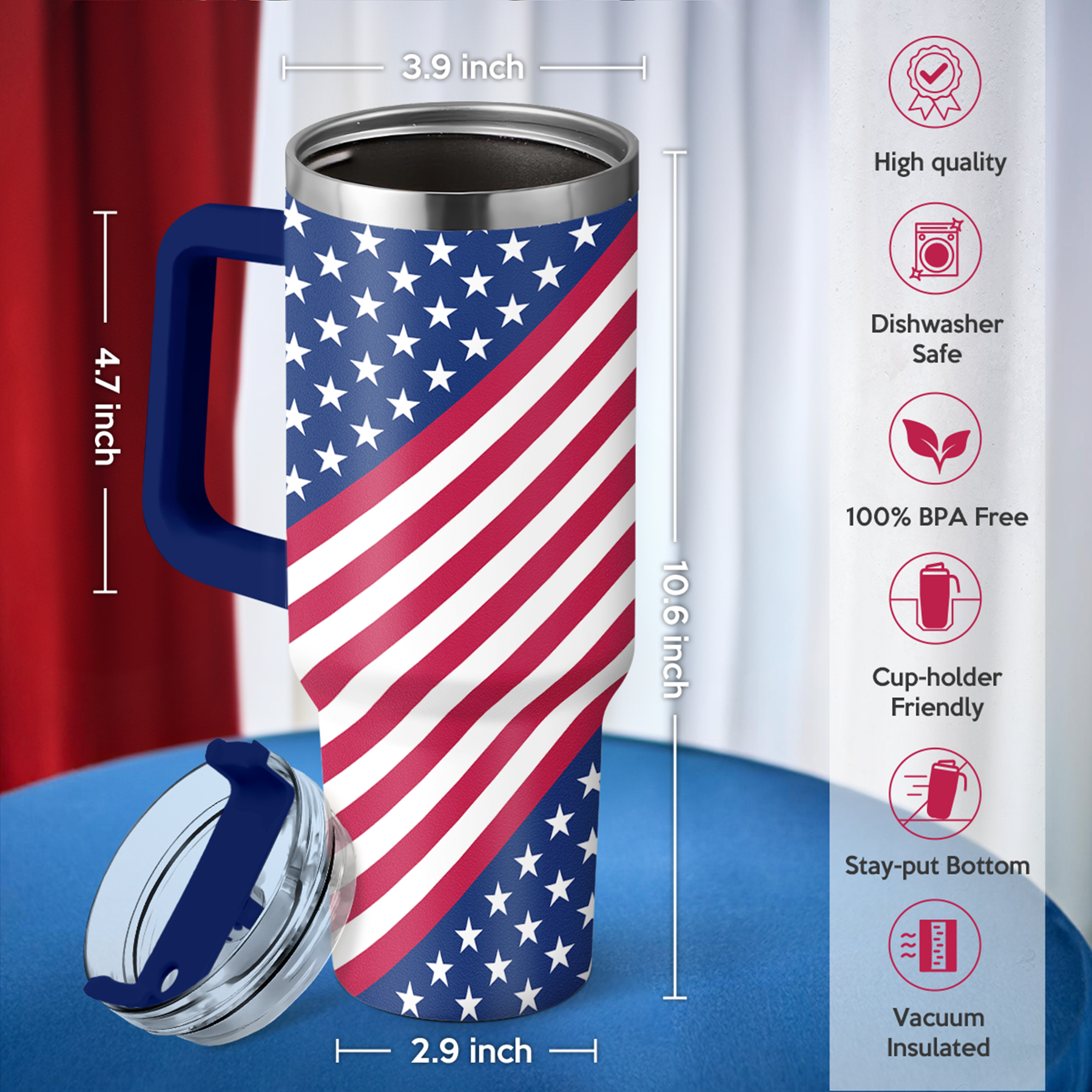 American flag 40oz tumbler with blue handle and closed clear rim lid