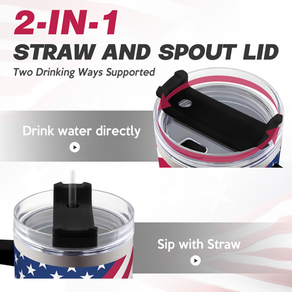 American flag 40oz tumbler with straw and spout lid, blue handle