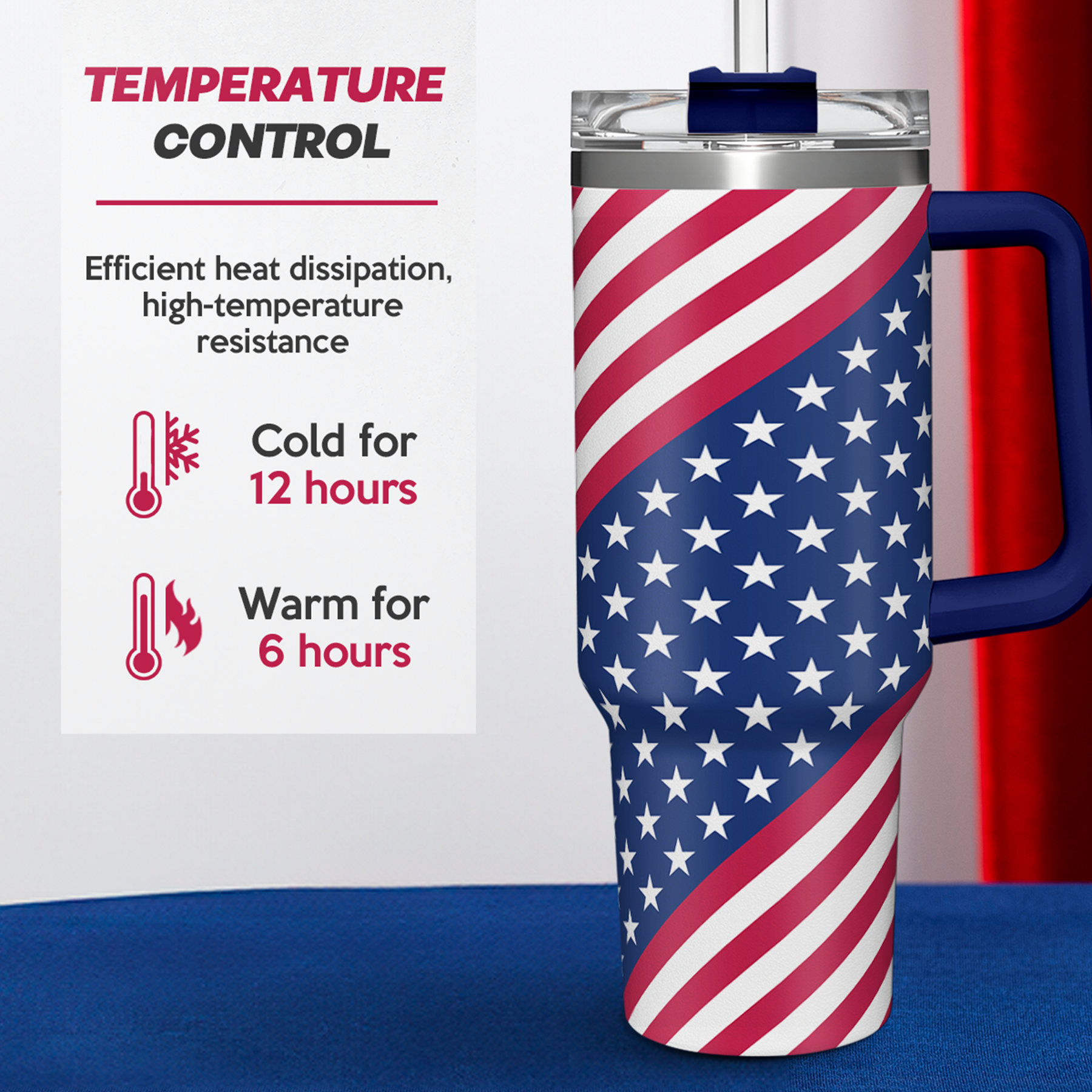 American flag 40oz tumbler with blue handle and full wrap design