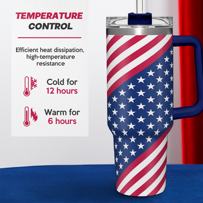 American flag 40oz tumbler with blue handle and full wrap design