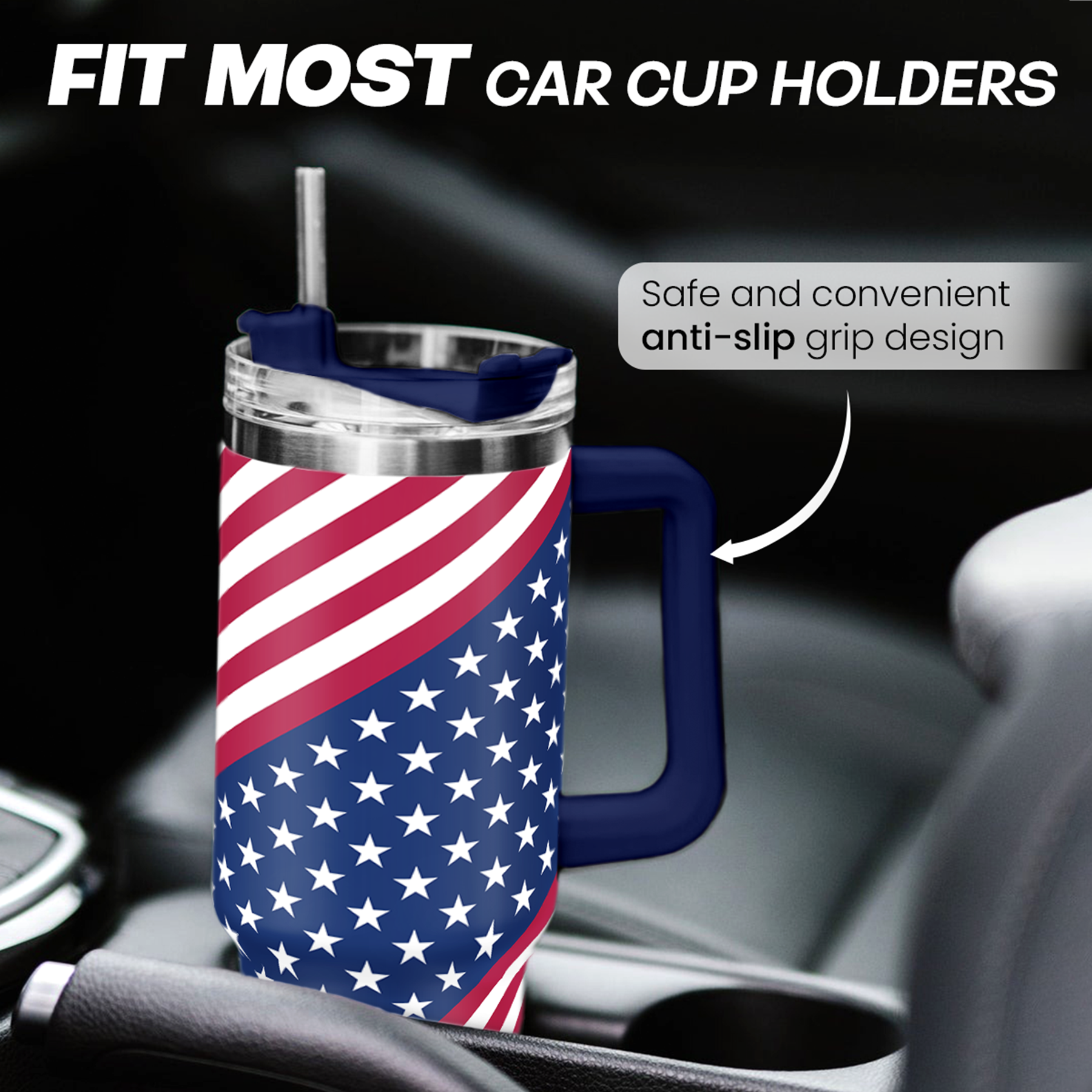 American flag 40oz tumbler with blue handle in car cup holder