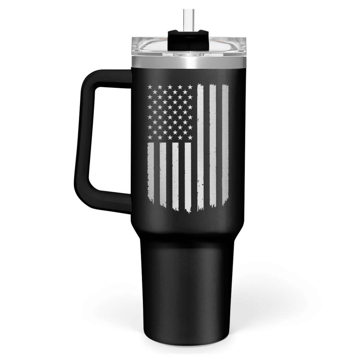 Black 40oz tumbler with handle and American flag print, clear lid and straw top