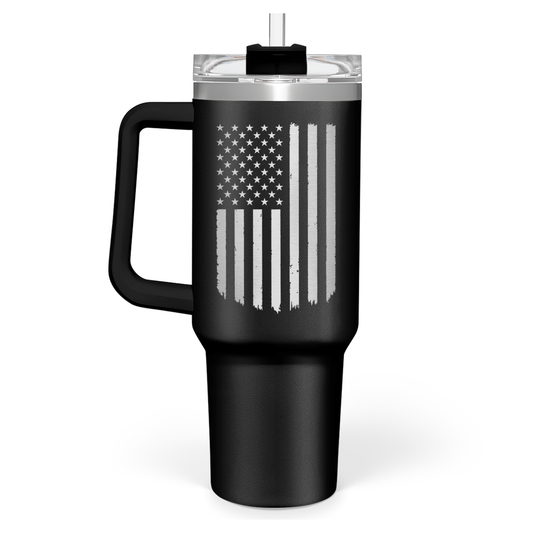 Black 40oz tumbler with handle and American flag print, clear lid and straw top