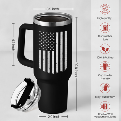 Black 40oz tumbler with handle and American flag print, clear lid and straw