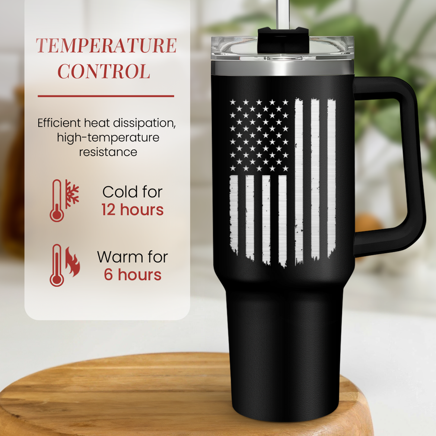 Black 40oz tumbler with handle and American flag design, stainless body