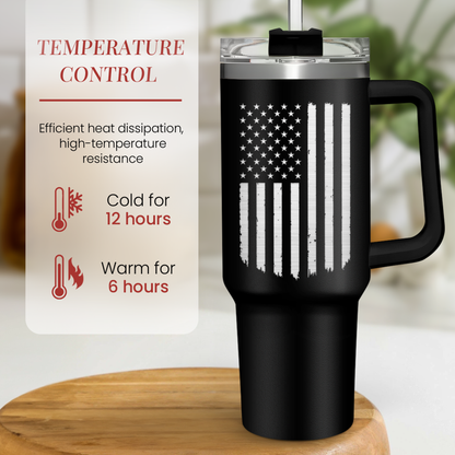 Black 40oz tumbler with handle and American flag design, stainless body