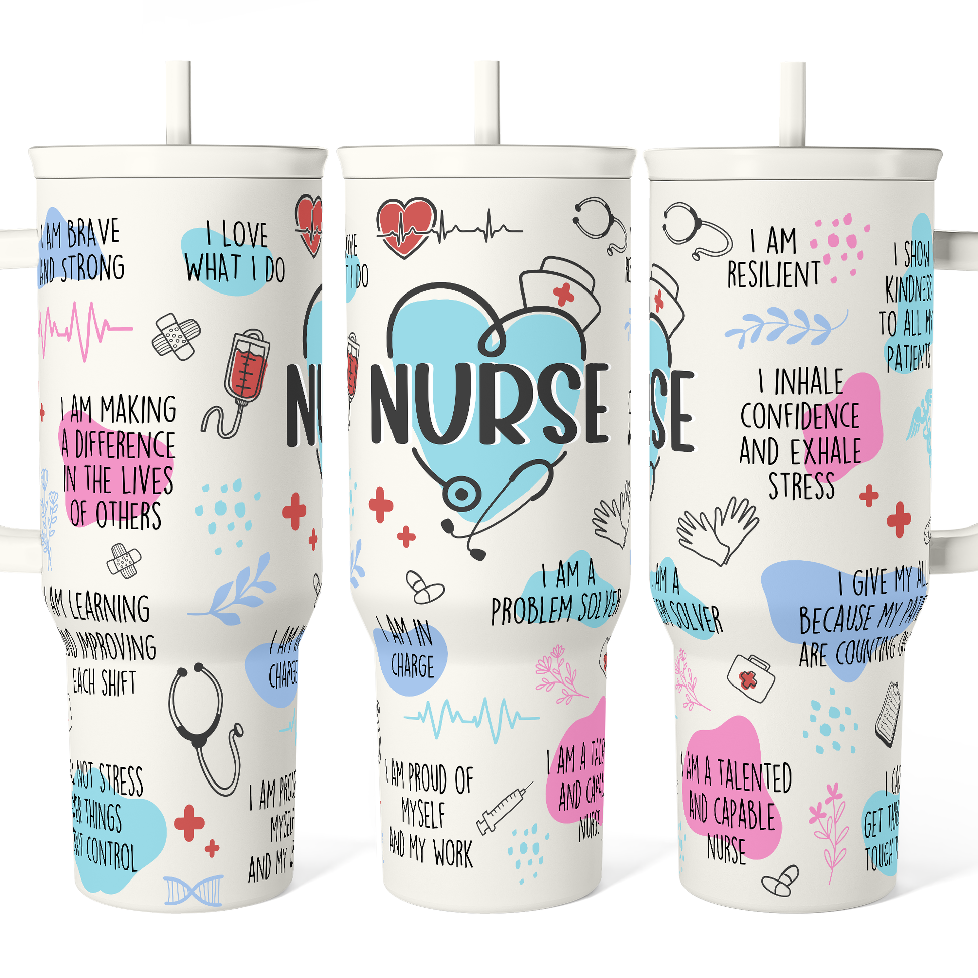 40oz nurse tumbler with handle in white, colorful nurse-themed print and straw