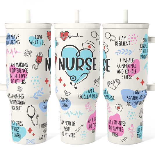 40oz nurse tumbler with handle in white, colorful nurse-themed print and straw