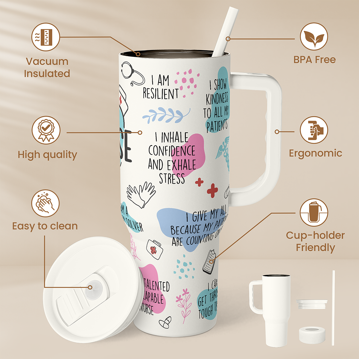 40oz nurse tumbler with handle, white with nurse print; lid and straw parts shown