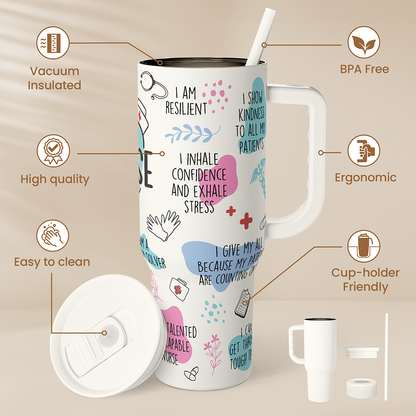 40oz nurse tumbler with handle, white with nurse print; lid and straw parts shown