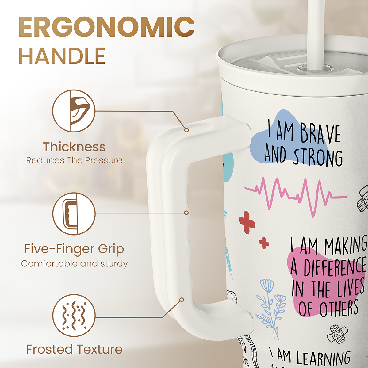 White 40oz nurse tumbler with ergonomic handle; thick five-finger grip and frosted texture