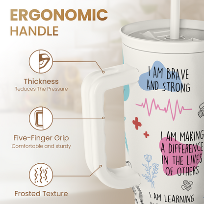 White 40oz nurse tumbler with ergonomic handle; thick five-finger grip and frosted texture