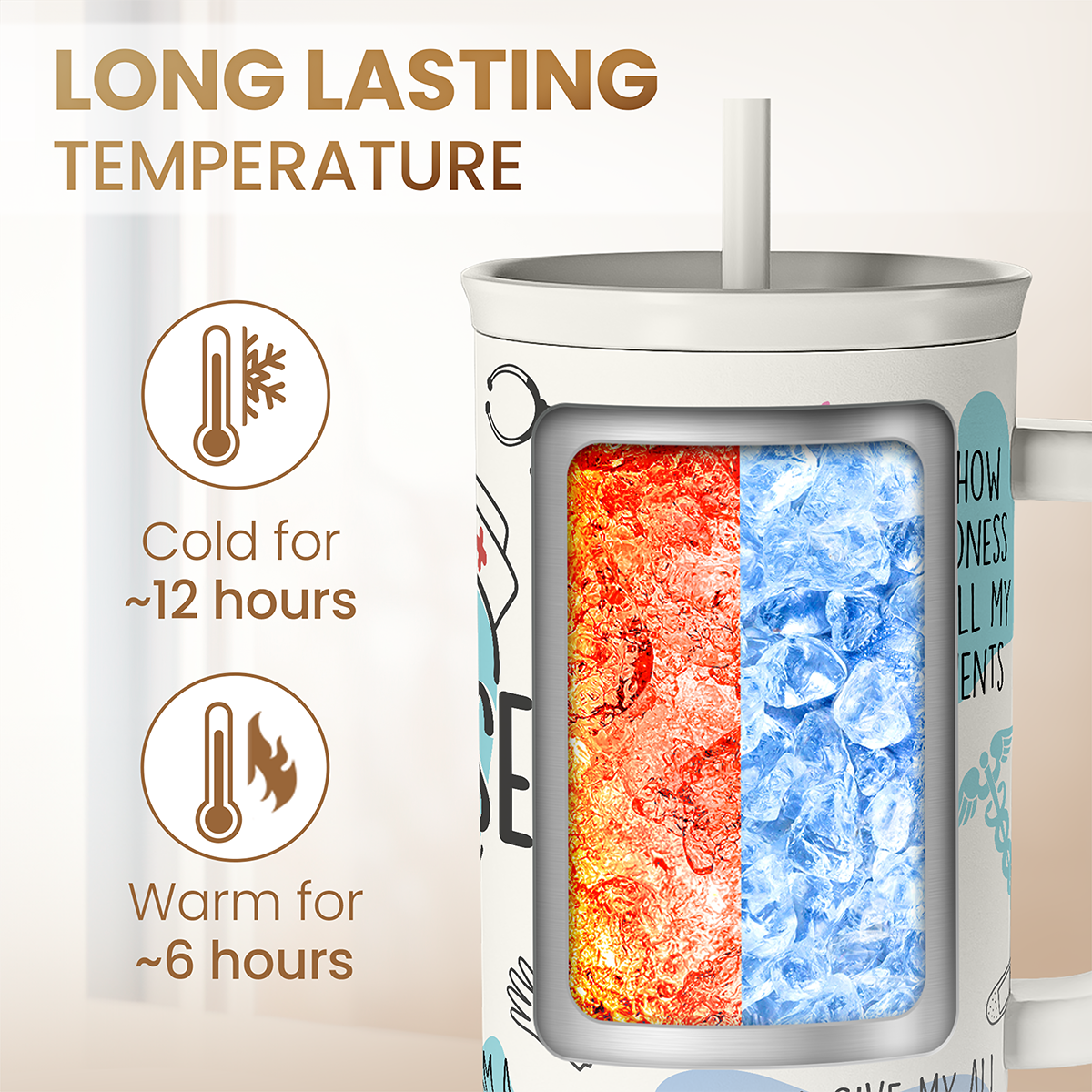 White 40oz nurse tumbler with insulated double-wall; hot and cold temperature window view