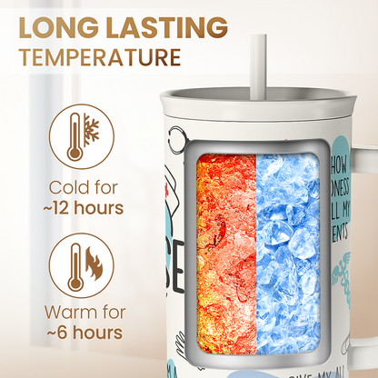 White 40oz nurse tumbler with insulated double-wall; hot and cold temperature window view