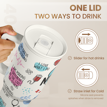 White 40oz nurse tumbler with one lid and slider; straw inlet for cold and slider for hot