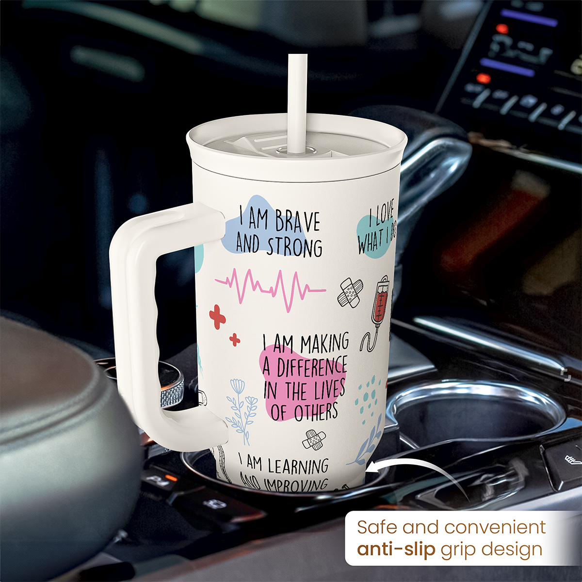 White 40oz nurse tumbler with handle in a car cupholder; anti-slip grip design