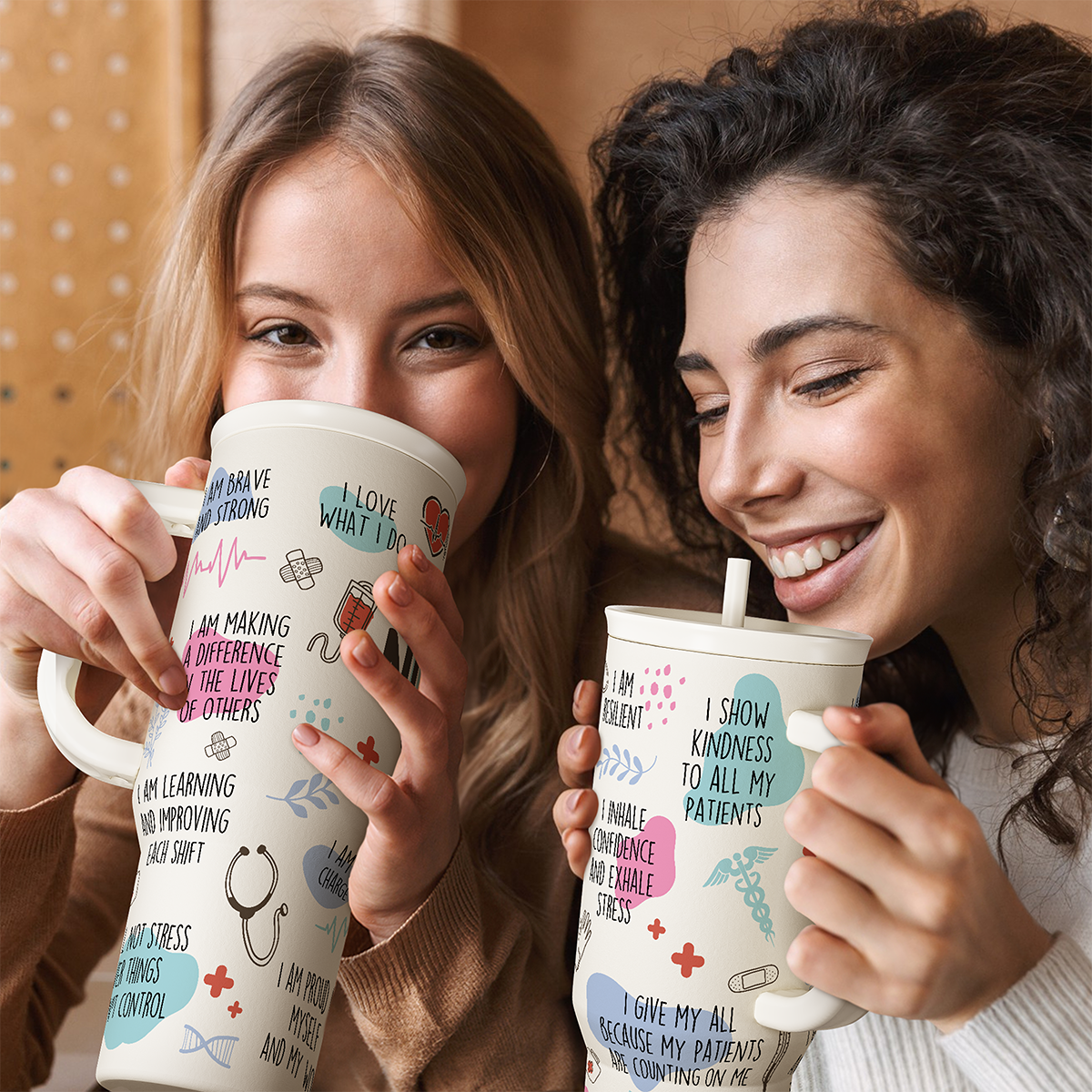 White 40oz nurse tumbler with handle; two women holding tumblers with nurse print