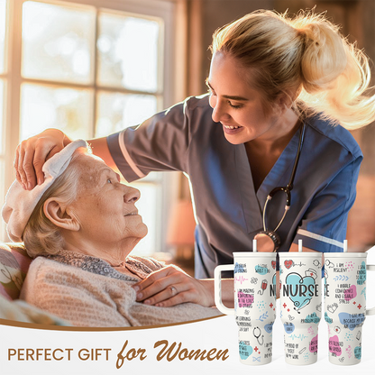 Nurse-themed gift set of three white 40oz tumblers with handles and straws