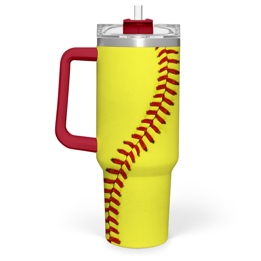 Yellow softball insulated tumbler with red handle and red baseball seam design