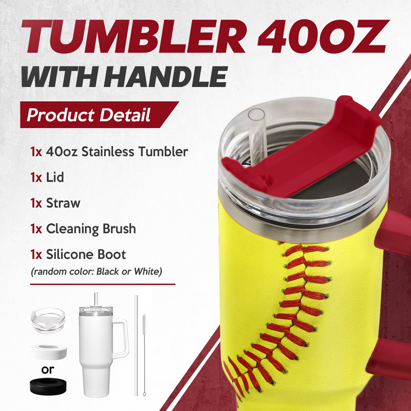 Yellow 40oz tumbler with red handle, clear lid, and straw; red baseball seam graphic