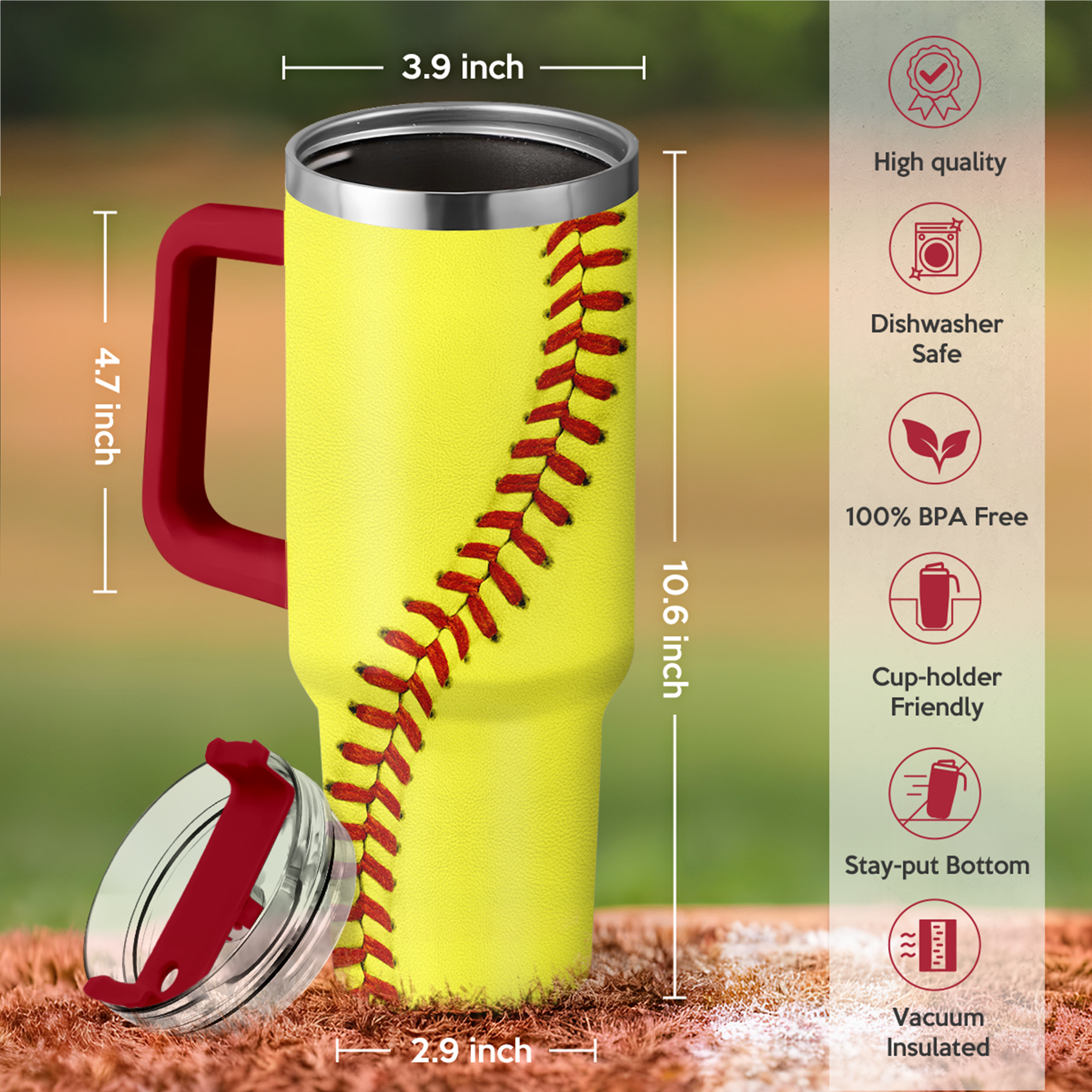 Yellow softball tumbler with red handle and baseball seam wrap, clear lid on top