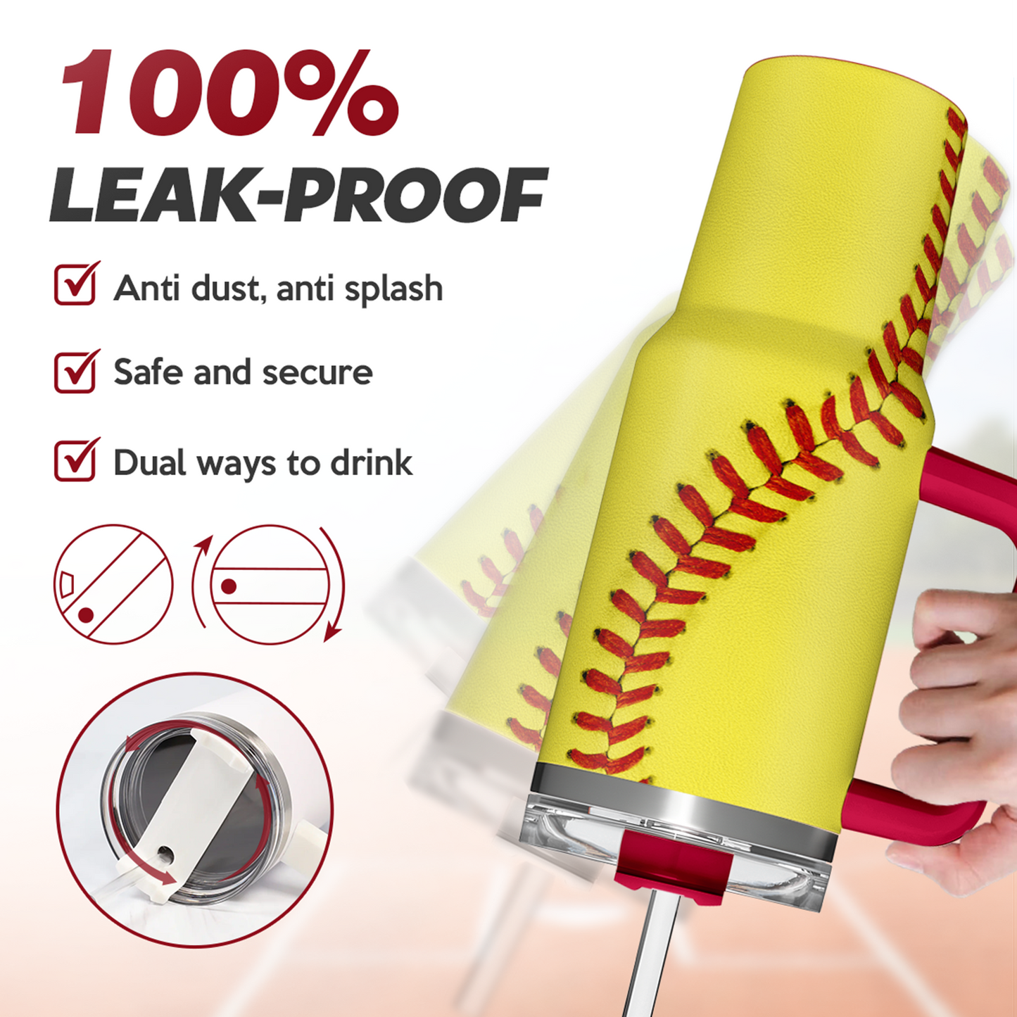 Yellow insulated softball tumbler with red handle, angled view, baseball seam pattern