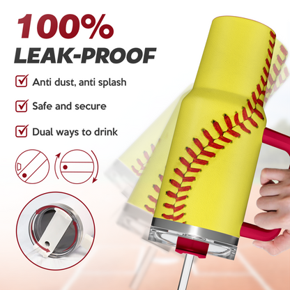 Yellow insulated softball tumbler with red handle, angled view, baseball seam pattern